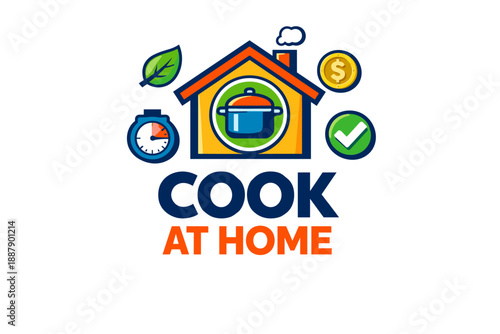 Cook at home logo design with house, cooking pot, timer, and checkmark icons
