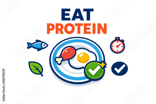 Balanced diet graphic: protein-rich plate with fish, chicken, egg, timer, leaf symbols