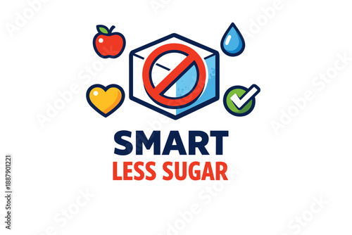 Smart less sugar concept with heart, apple, water droplet, and checkmark icons