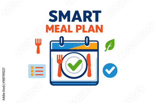 Smart meal plan concept with checklist icon and dining symbols on calendar