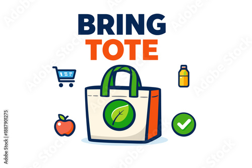 Eco-friendly tote bag promotion with grocery icons: shopping cart, bottle, apple, leaf