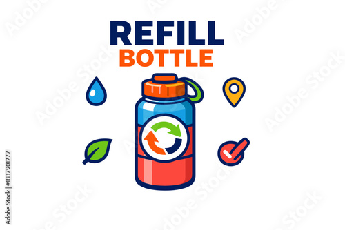 Refill bottle icon with eco-friendly symbols and recycling arrows