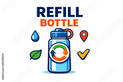 Eco-friendly refill bottle with recycling symbols and nature icons