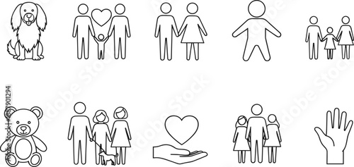 Family and Childhood Icon Set with Parents Children Heart Teddy Bear and Pet Dog for Parenting and Relationship Vector Illustration