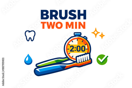 Brush for two minutes: essential oral hygiene reminder with stopwatch and toothbrush graphic