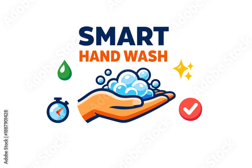 Smart hand wash design with soap bubbles and hygiene icons