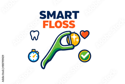 Smart floss icon with dental floss pick, tooth, timer, heart, checkmark