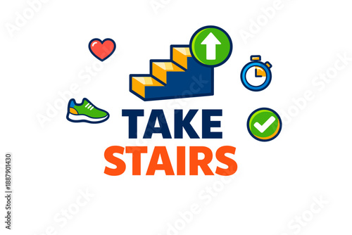 Encouraging health: take stairs icon with fitness symbols