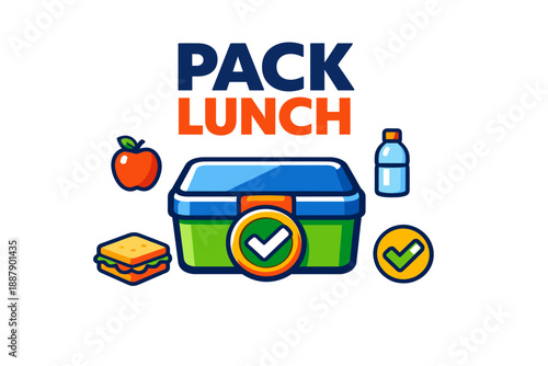 Packed lunch essentials: box, apple, sandwich, water bottle, and checkmark icons