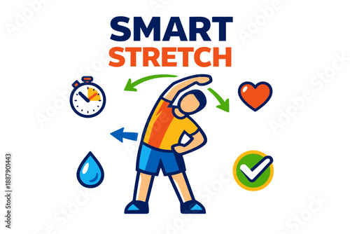 Smart stretch routine icon with stopwatch, heart, hydration, and checkmark