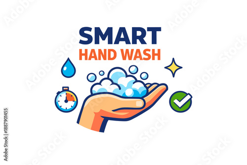 Smart hand wash logo with bubbles and hygiene icons