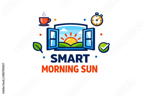 Smart morning sun logo with open window, hot coffee, and rising sun