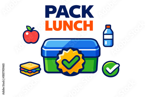 Colorful packed lunch with container, apple, and water bottle icons for meal planning