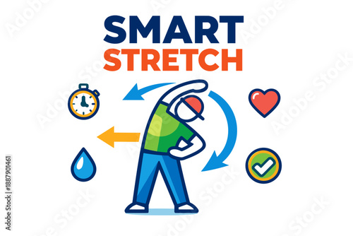 Smart stretch: cartoon figure exercising with health icons