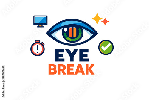 Eye break reminder icon with eye, timer, computer, and check mark symbols