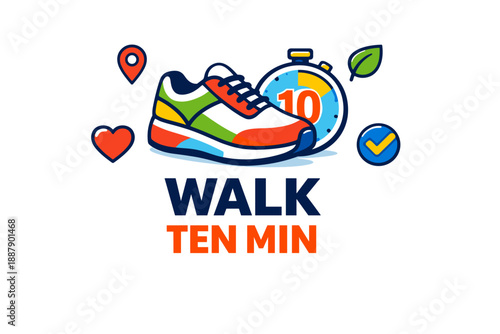 Colorful walking shoe design with stopwatch and iconic health symbols