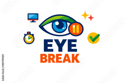Eye break icon with clock, checkmark, and pause symbol for screen time reminder