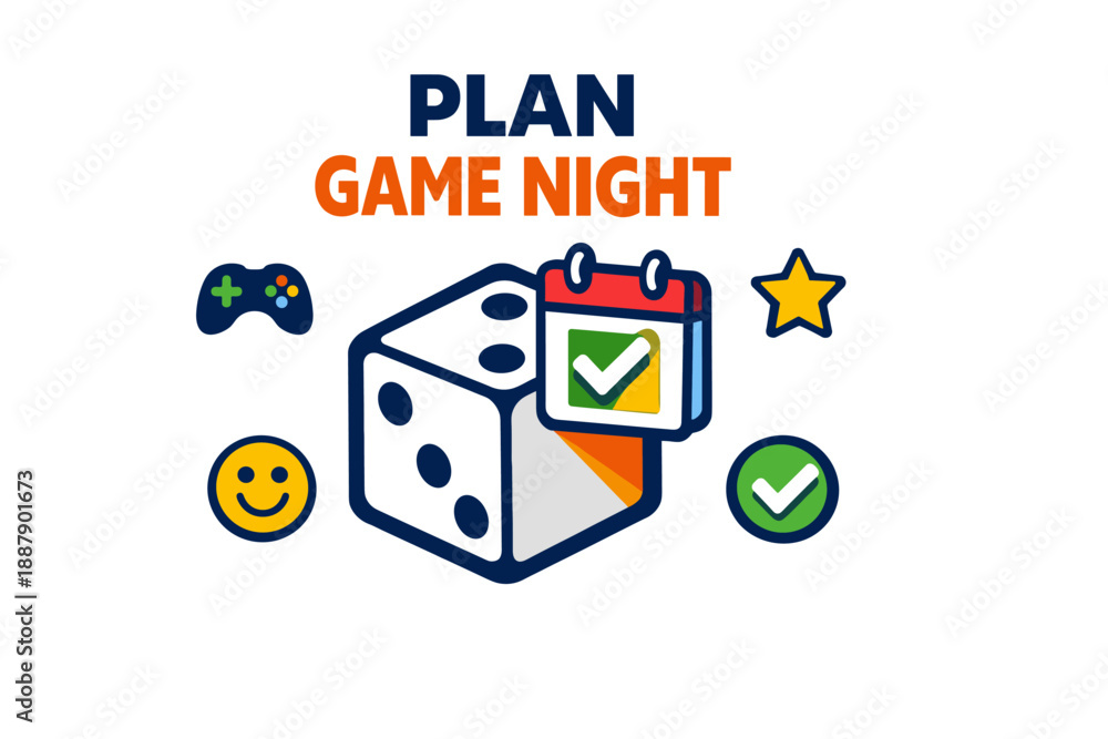 Fototapeta premium Plan a fun game night with dice, calendar, icons, and checklist