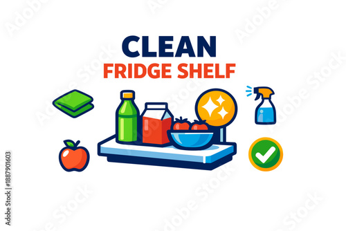 Clean fridge shelf icon with groceries, cleaning supplies, and fresh produce