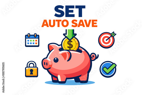 Set auto save: piggy bank with financial icons for smart money management