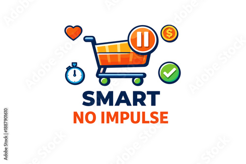 Smart shopping icon promoting no impulse buying with cart, timer, and checkmark