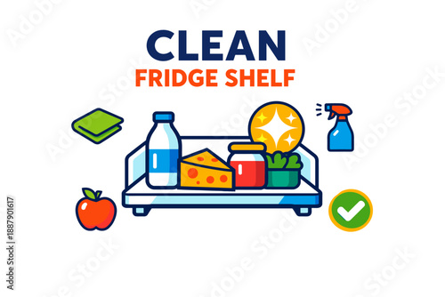 Clean organized fridge shelf with fresh groceries and cleaning supplies