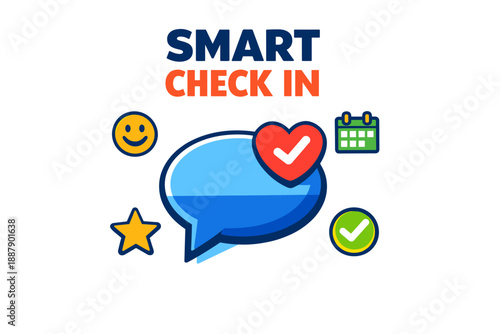 Smart check-in icons with chat bubble, emojis, calendar, and check marks