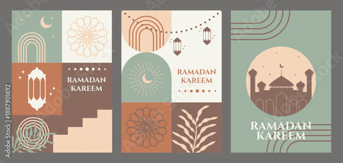 Ramadan Kareem Poster Set with Modern Geometric Islamic Elements and Pastel Earth Tone Colors