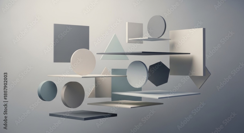 A collection of geometric shapes and floating objects against a neutral background.