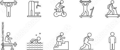 Gym and Physical Exercise Icon Set with Weightlifting Treadmill Cycling Swimming and Fitness Equipment for Workout Training Vector Illustration