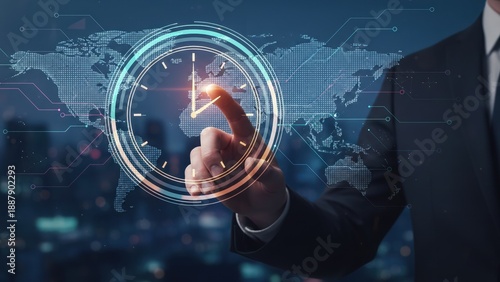 A professional hand tapping on a holographic clock interface with global data map, showing time control and due diligence strategy