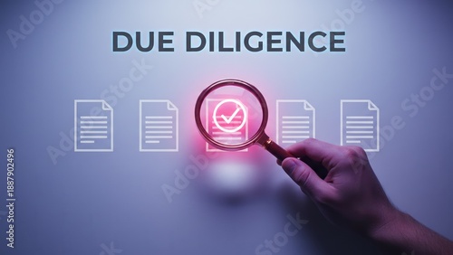 A hand holding a magnifying glass highlighting approved document with checkmark, symbolizing review accuracy and due diligence