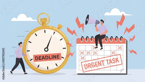 Wallpaper Mural A cartoon workplace scene with deadline stopwatch, urgent planner, and rushing workers showing time pressure and due diligence Torontodigital.ca