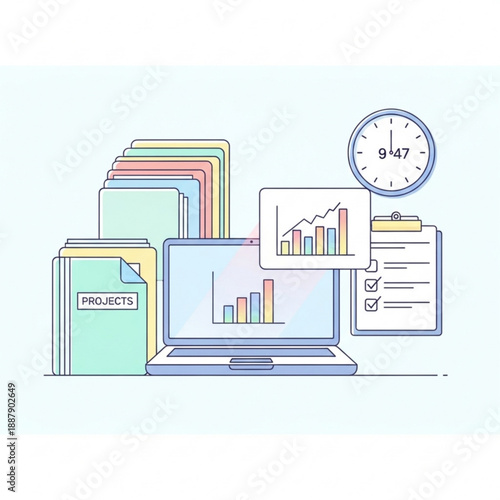 Colorful illustration of a laptop with projects and charts on screen with clock and documents around it on a light blue background