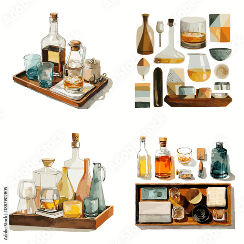 Watercolor illustration of whiskey and cocktail sets with glass bottles tumblers decanters and bar accessories arranged in stylish bar collections isolated on white background.