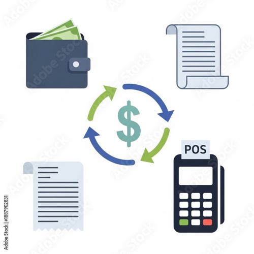 Financial transactions with wallet, receipts, and pos terminal exchanging money