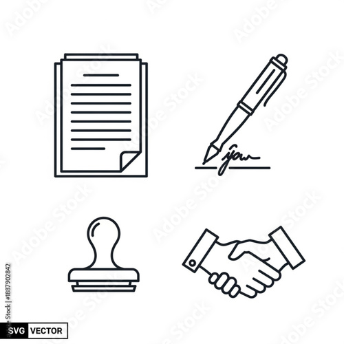 Black line icons of document, pen signing, rubber stamp, and handshake