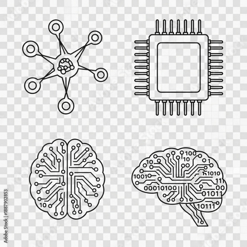 A set of four black and white line art illustrations of brain and microchip related concepts on a transparent background