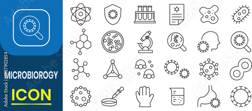 Microbiology icon set collection. Outline icon of bacteriology, virus, bacteria, cancer, infection, germ, disease, laboratory, research, antibiotic, microscope, antibacterial, and more.
