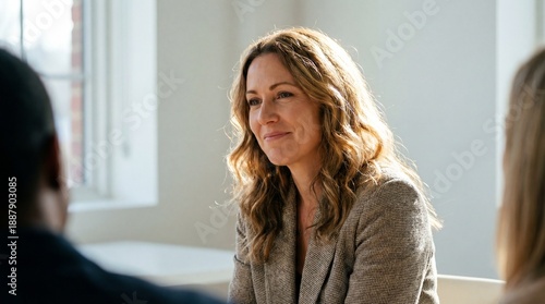 Smiling professional woman in light office setting converses with colleagues, warm natural light highlights her wavy hair and blazer conveying friendly confidence