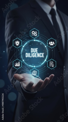 Wallpaper Mural A hand presenting a holographic sphere with due diligence text, showing corporate compliance, data integration, business control Torontodigital.ca