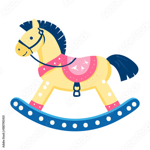 Blue rocking horse toy with pink saddle and heart details for nursery Graphic Asset