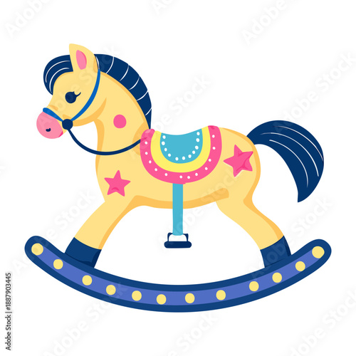 Wooden rocking horse toy with yellow and blue saddle for child play as a Graphic Asset