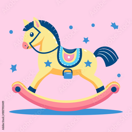 Colorful rocking horse toy with stars and decorative saddle as a nursery decor Graphic Asset