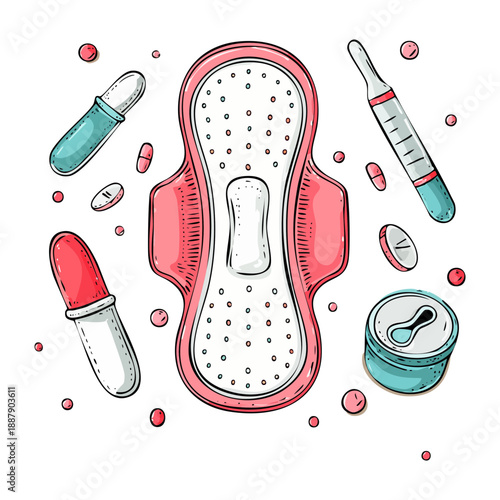 Feminine hygiene kit with sanitary pad and medical accessories for health Graphic Asset