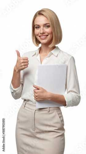 Woman gives thumbs up while holding a stack of papers in a plain background