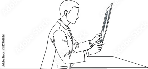 Doctor Analyzing X-ray Film Vector One Line Drawing for Medical Healthcare Hospital Radiology and Diagnostic Research Illustration Projects
