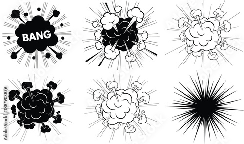Comic Book Boom and Explosion Set with Bang Text and Action Burst Clouds for Retro Graphic Design Vector Illustration