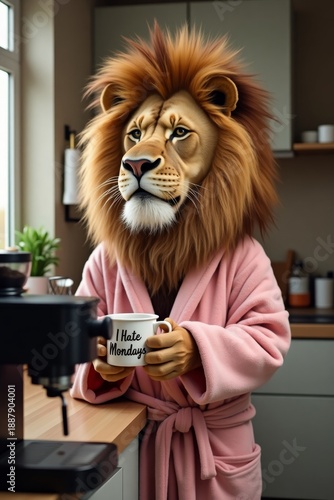 Grumpy Lion in Bathrobe Holding Coffee Mug Hating Monday Morning