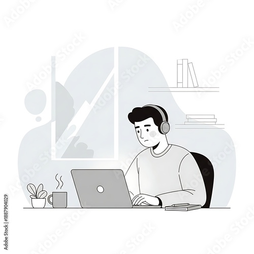 Man working on laptop with headphones in a modern office setting.